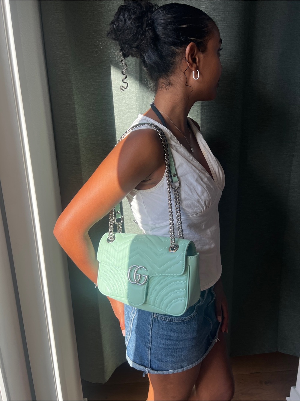 Gucci Mint Green Quilted Shoulder Bag with Silver GG Hardware